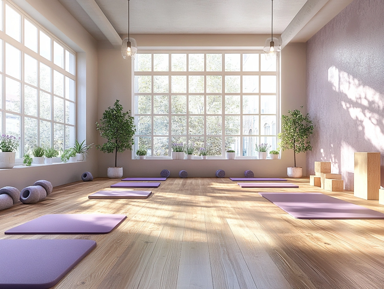 Зал для групових занять йогою з м'якими килимками та спеціальними опорами